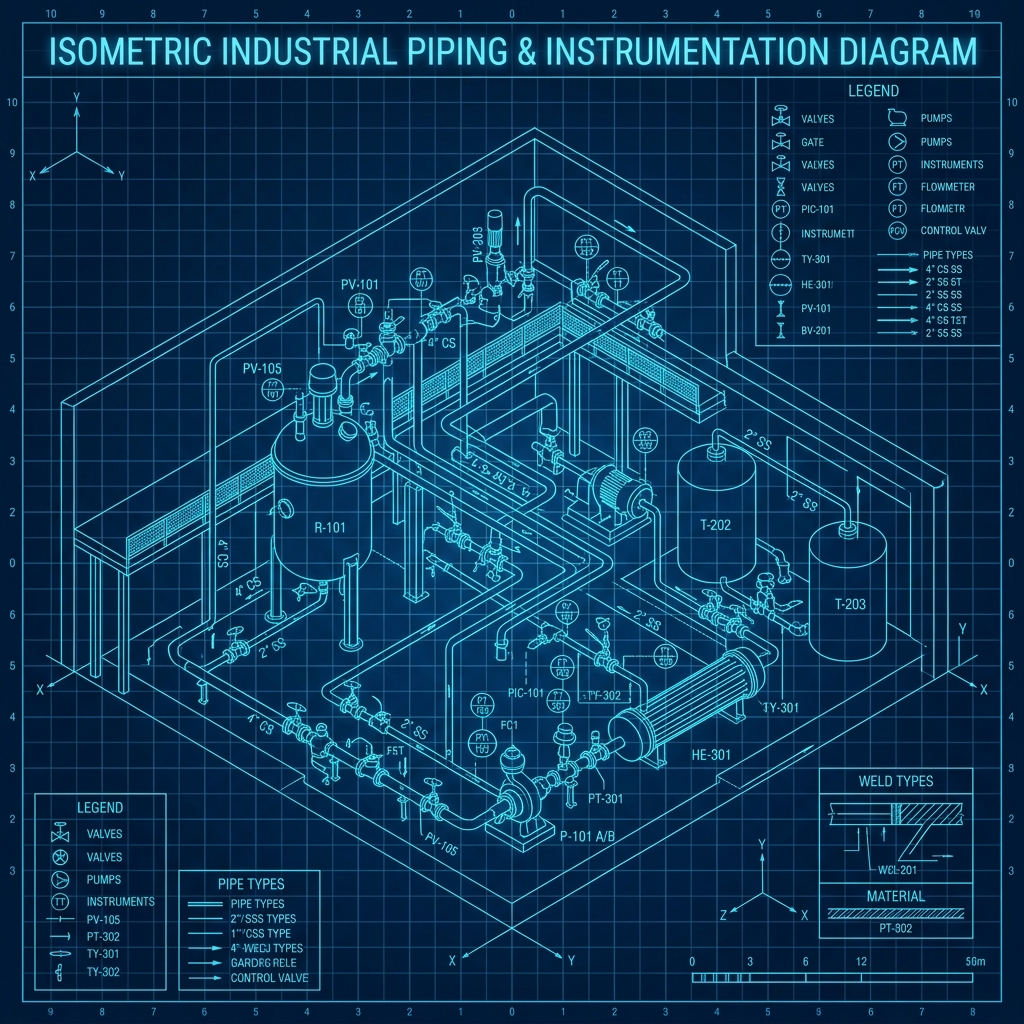 Isometric Piping & Instrumentation Diagram (P&ID) Engineering Blueprint